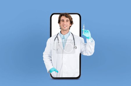 Un médico joven aparece dentro de un teléfono inteligente, ofreciendo consejos de salud en línea, resaltado contra un fondo limpio y clínico