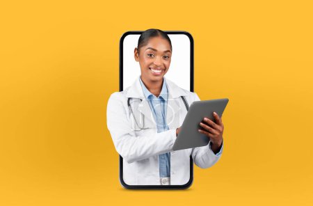 A young black lady physician offers remote consultation, visible on a smartphone screen, surrounded by soft lighting and medical charts.