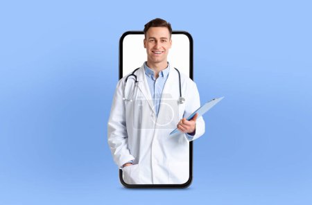 Un joven profesional médico se muestra en una aplicación de telemedicina dentro de un teléfono inteligente, posicionado en un entorno profesional pero accesible