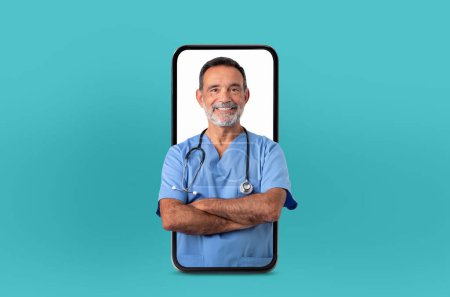 A senior man physician is depicted inside a smartphone screen, providing virtual healthcare services from a bright medical office