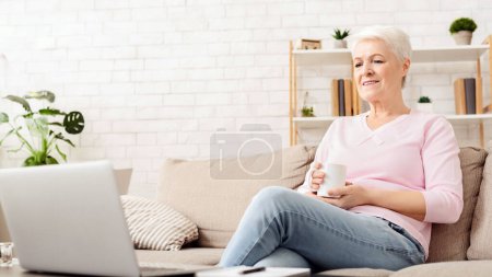Photo for A serene senior woman is seated comfortably on a beige sofa, holding a white cup, possibly filled with tea, engaged with content on her open laptop - Royalty Free Image