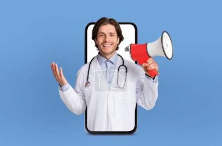 A cheerful doctor with a stethoscope around his neck and a white coat appears to be emerging from a smartphone screen. He is holding a red and white megaphone, and the background is solid blue
