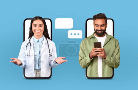 Woman doctor wearing a white coat is conducting an online health consultation with a smiling man patient through their smartphones. Both appear engaged in the conversation against a blue background.