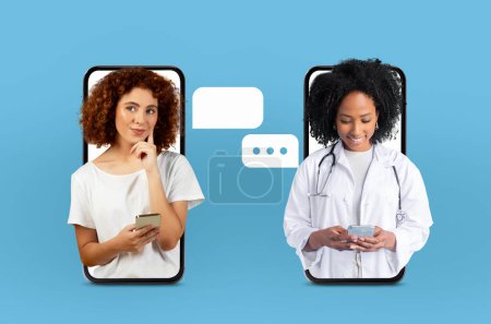A woman is engaged in a video call with a doctor on her smartphone. She appears focused and attentive while discussing her medical concerns with the professional remotely