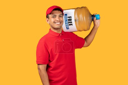 A cheerful delivery worker in a red uniform and cap is holding a large water jug on his shoulder. The worker appears friendly and approachable against a vibrant yellow background.