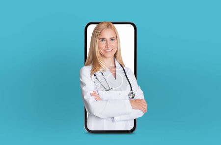 Une femme portant un manteau blanc de médecin est debout sur l'écran d'un téléphone, apparaissant plus grand que la vie. Sa présence sur l'appareil est surréaliste et inattendue, créant un contraste visuel saisissant.