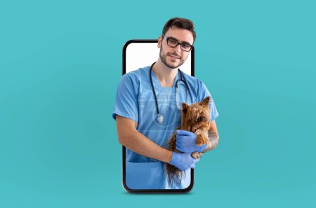 A veterinarian wearing blue scrubs and gloves is holding a Yorkshire Terrier while appearing to come out of a smartphone screen. The scene symbolizes a virtual pet consultation