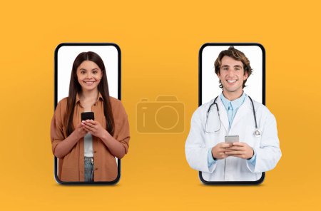 A woman and a doctor engage in a friendly digital consultation using their smartphones. The background is a vibrant yellow, creating a cheerful atmosphere.