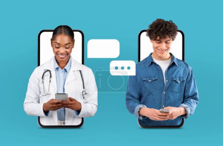 A doctor and a young man engage in a virtual consultation through their smartphones. The doctor wears a white coat and stethoscope while both smiling faces indicate a positive interaction