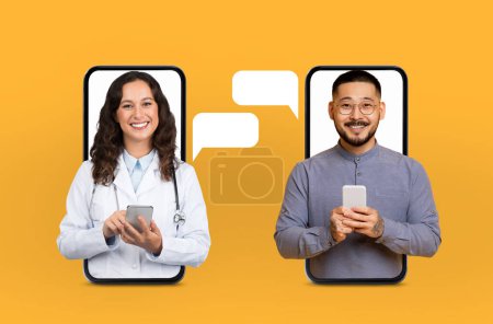 Woman doctor and man patient engaged in virtual consultation using their smartphones. They appear happy and connected, facilitated by a vibrant yellow background symbolizing optimism and energy.
