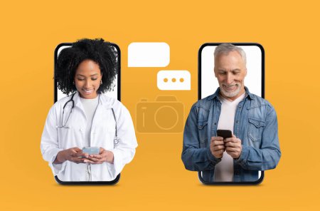 A doctor in a white coat and a senior patient are engaging in a telemedicine consultation using their smartphones. They appear to be texting each other with message bubbles visible between them
