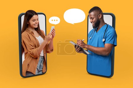 A healthcare professional in scrubs and a stethoscope engages in a virtual consultation with a young woman using smartphones. They appear to be conversing through text messages for medical advice.
