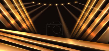 Téléchargez les photos : Élégante scène dorée rayonnante horizontale avec effet d'éclairage fond scintillant. Modèle prime de conception de prix. Illustration vectorielle - en image libre de droit