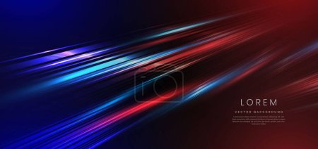 Abstrakte Technologie futuristische Neon geometrische leuchtende blaue und rote diagonale Lichtlinien mit Geschwindigkeit Bewegungsunschärfeffekt auf dunkelblauem Hintergrund. Vektorillustration