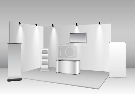 Illustration for Set of realistic trade exhibition stand or white blank exhibition kiosk or stand booth corporate commercial. eps vector - Royalty Free Image