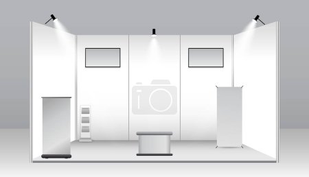 Illustration for Set of realistic trade exhibition stand or white blank exhibition kiosk or stand booth corporate commercial. eps vector - Royalty Free Image
