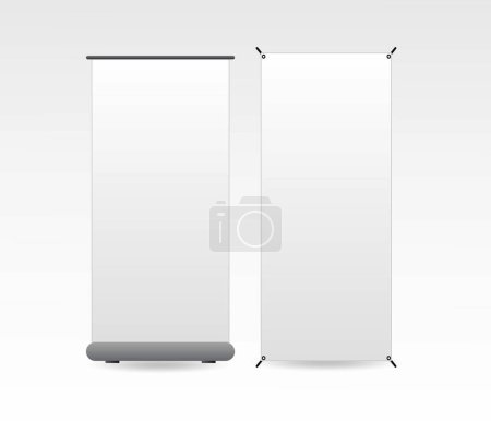 Illustration for Set of realistic trade exhibition banner stand or white blank exhibition kiosk or stand booth corporate commercial. - Royalty Free Image