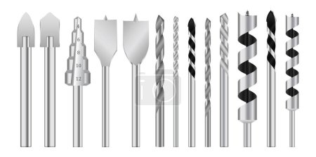 Ilustración de Conjunto de brocas metálicas realistas o herramientas de acero de trabajo de metal. eps vector - Imagen libre de derechos