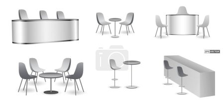 Ilustración de Conjunto de silla y mesa de exposición comercial realista o quiosco blanco o stand stand corporativo. Renderizado 3D - Imagen libre de derechos