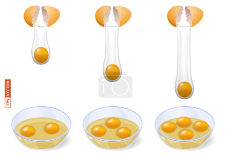 Ilustración de Conjunto de huevos de pollo brillantes realistas aislados o romper la cáscara de huevo y verter en un concepto de tazón. Renderizado 3D - Imagen libre de derechos