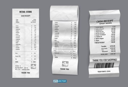 set of register sale receipt or cash receipt printed on white paper concept. eps vector 