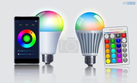 Illustration for Realistic Smart Wifi LED bulb mockups with Smartphone and Remote. Eps - Royalty Free Image