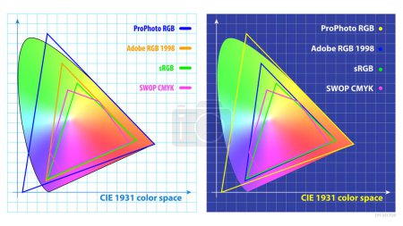 Set of color gamut or chromaticity diagram isolated. Eps