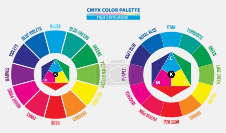 Set of name color in cmyk palette diagram, isolated. Eps