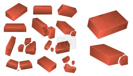 Set of red brick pieces, 3D isometric red brick wall isolated. Eps Vector