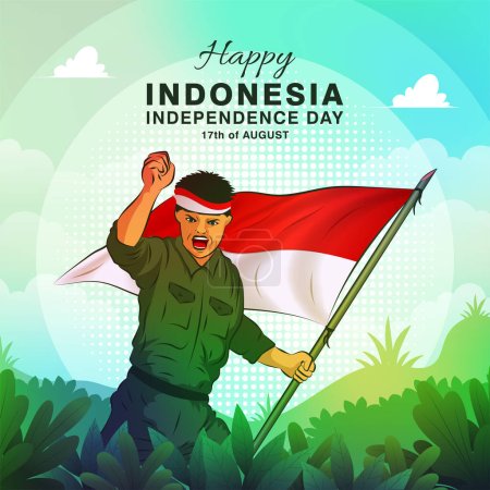 Téléchargez les illustrations : 78e jour de l'indépendance ou dirgahayu republik indonesia bannière avec drapeau soldat - en licence libre de droit