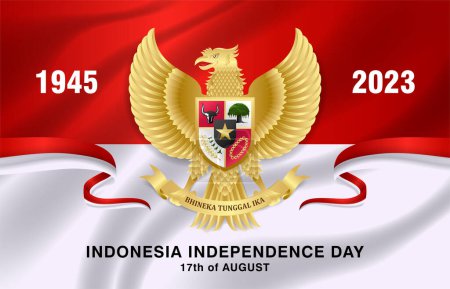 Téléchargez les illustrations : 2023 indonésie fête de l'indépendance conception de fond avec garuda, ruban et drapeau indonesia - en licence libre de droit