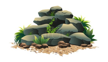Rocks and stone pile with green grass vector illustration