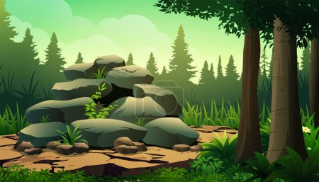 Illustration for Rocks or stone pile in the middle of a jungle with trees, lush vegetation vector illustration - Royalty Free Image