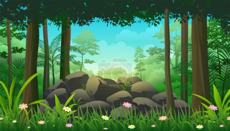 Illustration for Pile of rocks or stone in the middle of a jungle with trees, lush vegetation vector illustration - Royalty Free Image