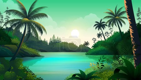 Illustration for Panoramic beautiful lake surrounded by lush tropical forest vector cartoon landscape - Royalty Free Image