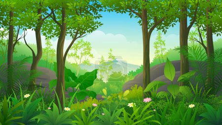 Ilustración de Hermosa densa de selva tropical tropical paisaje natural con arbustos verdes, follaje y plantas exóticas - Imagen libre de derechos