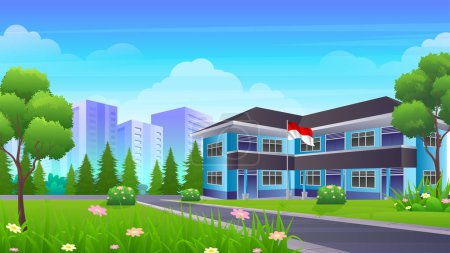 Illustration for Modern Indonesian Secondary education school building with green lawns, grass and trees cartoon Illustration - Royalty Free Image