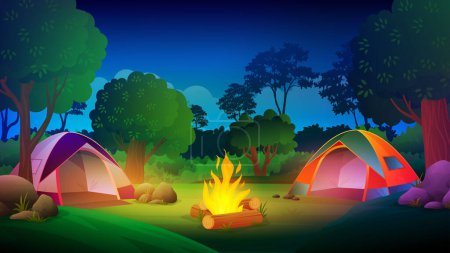 Camping en el bosque por la noche con diferentes carpas, luces fogata, árboles, paisaje de dibujos animados