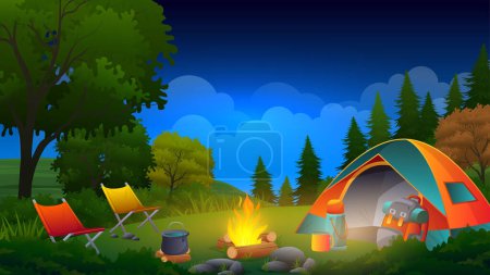 Téléchargez les illustrations : Camp d'été la nuit avec beau parc naturel de montagne Paysage de dessin animé vectoriel - en licence libre de droit