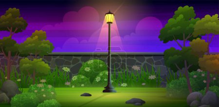 Téléchargez les illustrations : Nuit dans la cour arrière avec clôture rocheuse, lampe de jardin, pelouse verte et arbres illustration vectorielle - en licence libre de droit