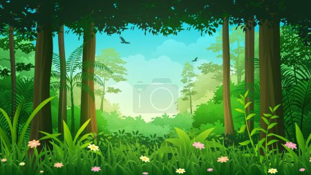 Ilustración de Hermosa limpieza de bosques tropicales profundos, ilustración del vector de paisaje de la naturaleza - Imagen libre de derechos