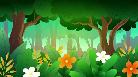 Illustration for Beautiful Cartoon Forest with thick bushes, Flower and trees, landscape vector illustration - Royalty Free Image