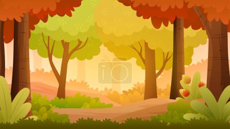 Téléchargez les illustrations : Paysage forestier d'automne avec pâturages, mi-automne Saison d'automne Illustration panoramique - en licence libre de droit