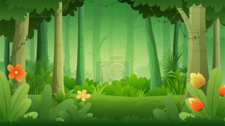 Téléchargez les illustrations : Mignon été forêt profonde Cartoon Paysage avec arbres, buissons et fleurs Illustration - en licence libre de droit