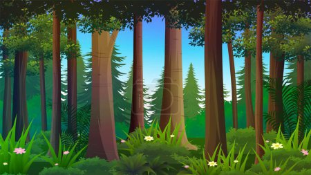 Illustration for Deep Tropical Forest with thick bushes, plants and trees, nature landscape vector illustration - Royalty Free Image
