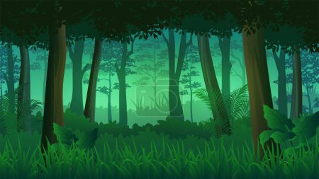 Ilustración de Exuberante hierba y arbustos en medio del bosque, paisaje natural de fondo - Imagen libre de derechos