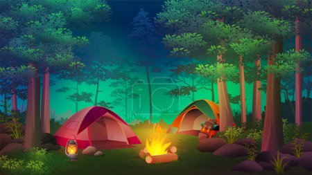 Camping Bajo el exuberante árbol por la noche con diferentes tiendas de campaña, luces fogata, árboles, paisaje de dibujos animados
