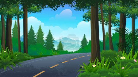 Ilustración de Hermosa carretera panorámica en medio del bosque, paisaje de la naturaleza de fondo - Imagen libre de derechos