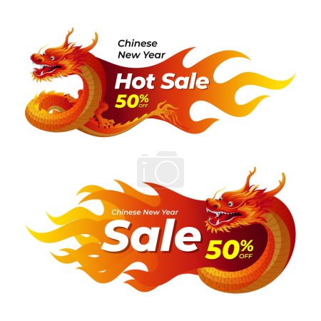 Chinesisches Drachenjahr heißes Verkaufsbanner mit Drachen und Flamme Illustration