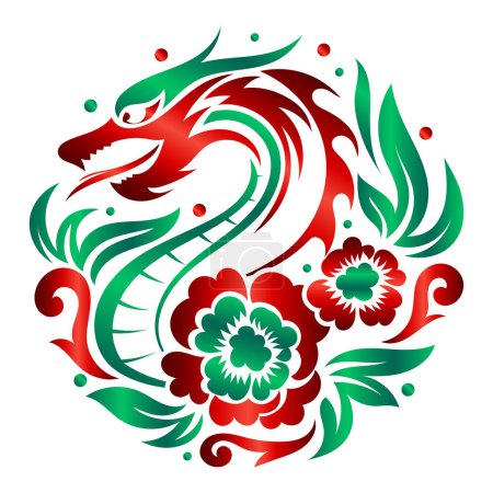 Ilustración de Signo redondo del zodiaco del año del dragón con decoración de dragón, nube y flor, Feliz año nuevo chino 2024 - Imagen libre de derechos
